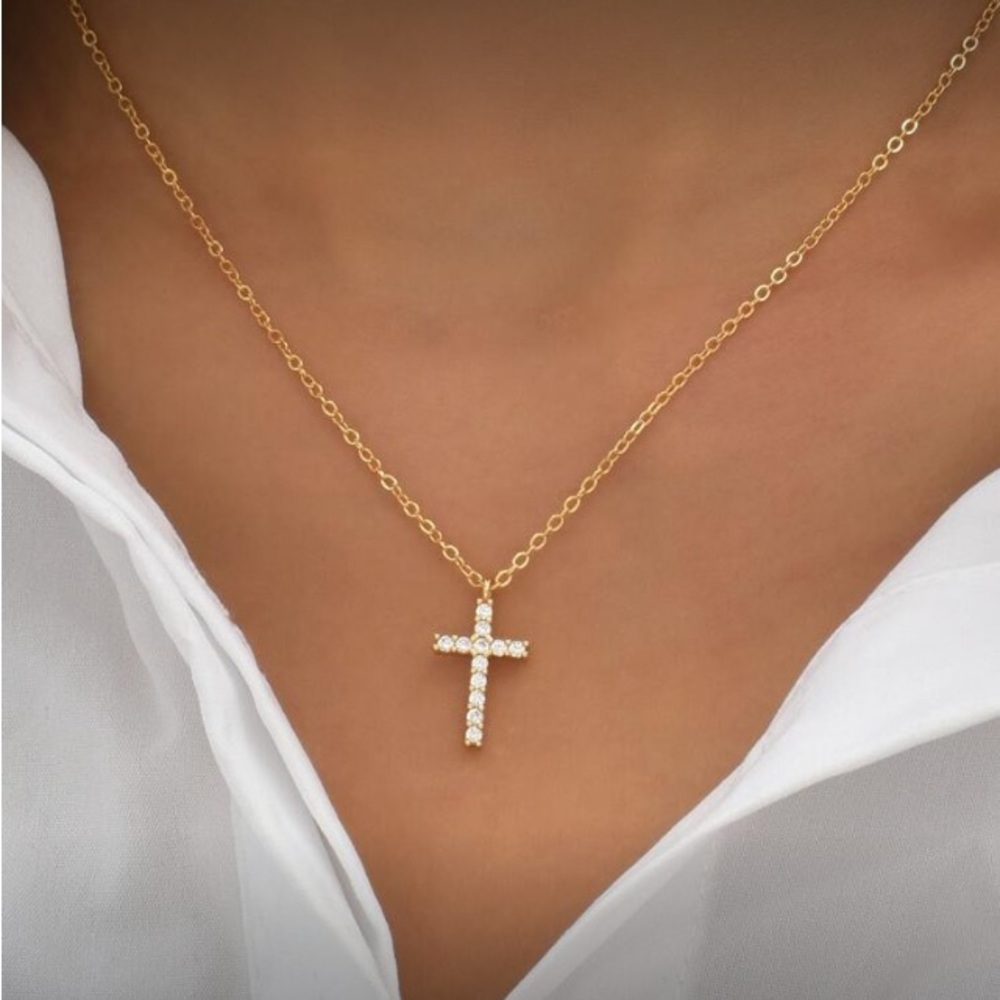 BOUTIQUE Faux Gold & Cubic Zirconium Cross Necklace - 18”